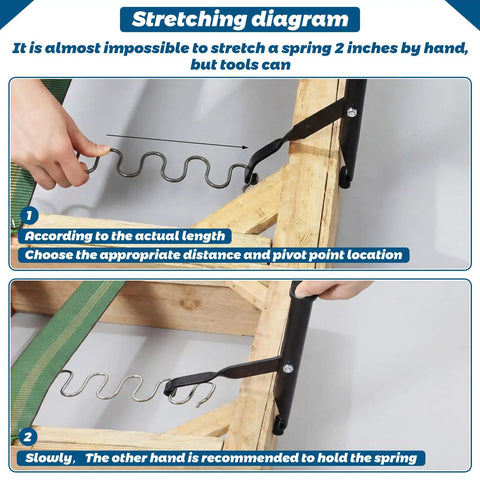 Stretching diagram for sofa spring repair kit demonstrating spring adjustments with tools, essential for DIY furniture fixes.