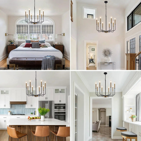 8 Light Farmhouse Chandelier With Dope Black And Gold Finish Modern Candle Pendant Lighting For Kitchen Island Living Room Dining