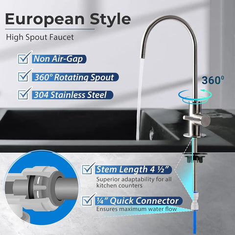 Premium Heavy Duty Reverse Osmosis Faucet For Kitchen Sink Solid Lead Free Brushed Nickel Stainless Steel With Extra Long Stem Universal Top Shelf Drinking Water Filter Tap with high spout and 360° rotating feature.