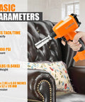 Person using Pneumatic Decorative Nailer 3 8 Inch to 3 4 Inch Head for upholstery leather and furniture on a leather chair