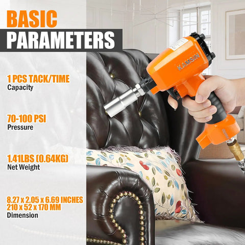 Person using Pneumatic Decorative Nailer 3 8 Inch to 3 4 Inch Head for upholstery leather and furniture on a leather chair