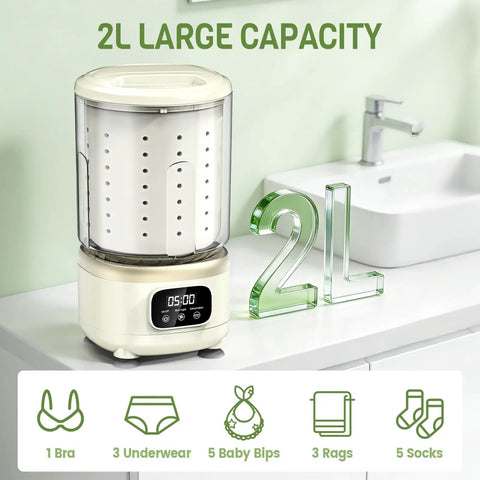 Compact Mini Washing Machine For Underwear And Delicates Portable Design With One Touch Wash Rinse Spin on countertop with 2L capacity.