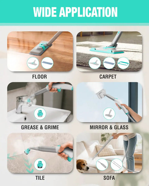 Heavy Duty 1500W Steam Cleaner With 4 Bar Pressure And 1.5L Tank Plus 16 Accessories for various cleaning applications on floors, carpets, and tiles.
