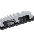EZ Squeeze 12 Sheet Three Hole Punch With No Jam Tech, all metal office punch in silver and black with built-in ruler and paper guide