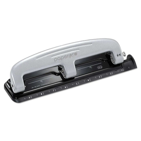 EZ Squeeze 12 Sheet Three Hole Punch With No Jam Tech, all metal office punch in silver and black with built-in ruler and paper guide