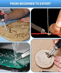 All In One Wood Burning Kit For Adults With Gloves 130 Piece Pyrography Pen Tool Set shown in use for carving and soldering