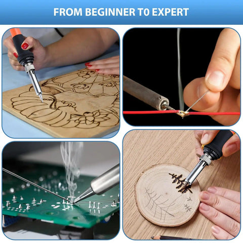All In One Wood Burning Kit For Adults With Gloves 130 Piece Pyrography Pen Tool Set shown in use for carving and soldering
