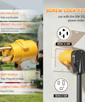 Heavy Duty Nema 14 50P To 6 50R Welder Adapter Cord showing molded yellow plug and connection to 50A power outlet.