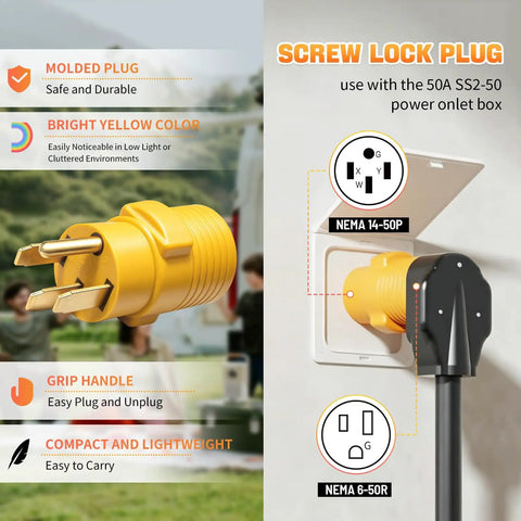 Heavy Duty Nema 14 50P To 6 50R Welder Adapter Cord showing molded yellow plug and connection to 50A power outlet.