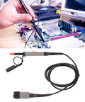Universal Oscilloscope Probe Kit With BNC To Minigrabber Leads Clip Probes 50MHz Switchable Bandwidth 10 To 1 Probes Durable ABS Build For 500MHz Oscilloscopes in use on computer motherboard with close-up of probe and cables.