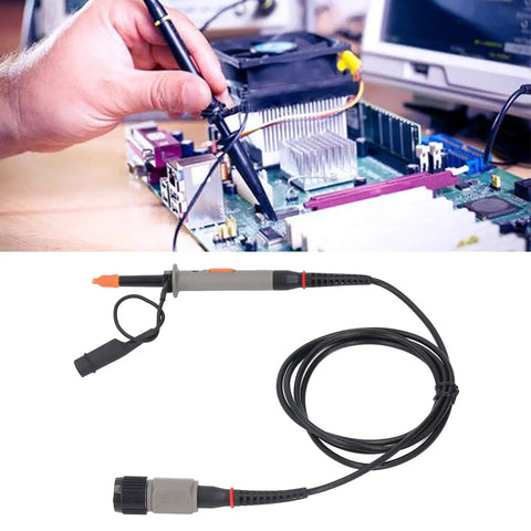 Universal Oscilloscope Probe Kit With BNC To Minigrabber Leads Clip Probes 50MHz Switchable Bandwidth 10 To 1 Probes Durable ABS Build For 500MHz Oscilloscopes in use on computer motherboard with close-up of probe and cables.