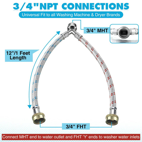Y Hose Connector For Washing Machines 1 Ft Stainless Steel Braided Splitter With Three Quarter Inch Brass Fittings