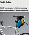 Universal Bike Cup Holder And Multi Position Bag attached under bike saddle, blue, with Velcro straps for bikes, scooters, e-bikes.