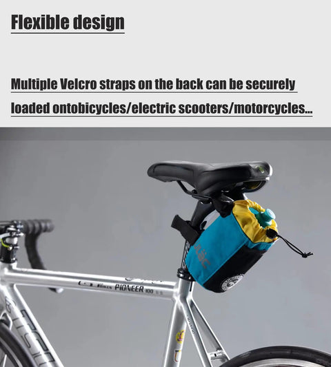 Universal Bike Cup Holder And Multi Position Bag attached under bike saddle, blue, with Velcro straps for bikes, scooters, e-bikes.