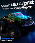 Amphibious RC Monster Truck Boat With IPX7 Waterproof with glowing LED lights in dark terrain, showcasing rugged design.