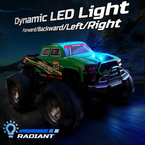 Amphibious RC Monster Truck Boat With IPX7 Waterproof with glowing LED lights in dark terrain, showcasing rugged design.