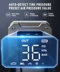 Close-up of 5000A Beast Mode Jump Starter With Air Compressor air pressure display with readings and modes visible