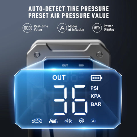 Close-up of 5000A Beast Mode Jump Starter With Air Compressor air pressure display with readings and modes visible
