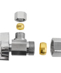 Exploded view of chrome-plated brass angle shut-off valve with 1/2 in NOM compression inlet and 3/8 in OD outlet, 5-piece
