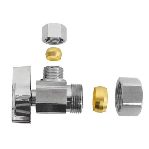 Exploded view of chrome-plated brass angle shut-off valve with 1/2 in NOM compression inlet and 3/8 in OD outlet, 5-piece