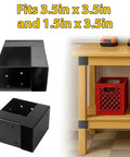 Heavy Duty 3-Way Corner Bracket Kit For 4x4 And 2x4 Woodwork, showing black metal brackets on wood shelves setup