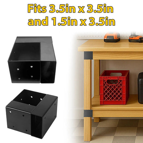 Heavy Duty 3-Way Corner Bracket Kit For 4x4 And 2x4 Woodwork, showing black metal brackets on wood shelves setup
