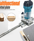 Compact Wood Router And Laminate Trimmer With Palm Handle, slotted plate for precise woodworking cuts and shaping.