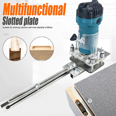 Compact Wood Router And Laminate Trimmer With Palm Handle, slotted plate for precise woodworking cuts and shaping.