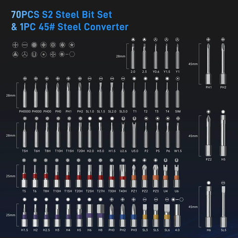 Go To All In One 74 In 1 Magnetic Ratchet Screwdriver Set bit selection showing various S2 steel pieces and converter.