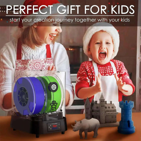 Child and adult with 3D prints and Filament Dryer And Dry Box For 3D Printers With Fan, Keeps Filament Dry While Printing on table