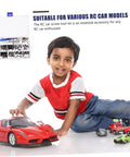 Child playing with RC cars beside RC Car Screw Tool Kit With Compact Storage Box, Gasket And Replacement Fasteners shown in top left.