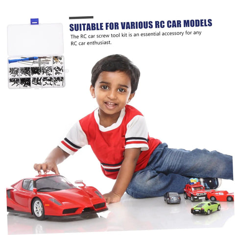 Child playing with RC cars beside RC Car Screw Tool Kit With Compact Storage Box, Gasket And Replacement Fasteners shown in top left.