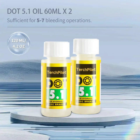 Two bottles of DOT 5.1 Hydraulic Brake Fluid, 60ml each, for bike disc brakes, compatible with SRAM Avid Hayes Hope Formula systems.