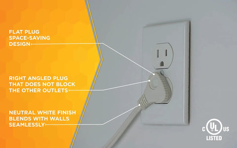 SlimLine 3 Ft Indoor Extension Cord With Right Angled Plug, 16/3 3 Polarized Outlets, PVC Jacket, installed in wall outlet