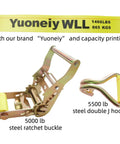 Heavy Duty Ratchet Tie Down Straps 2 Inch X 15 Feet With Reinforced Steel J Hooks 4 Pack showing yellow strap, steel ratchet buckle, and J hook.