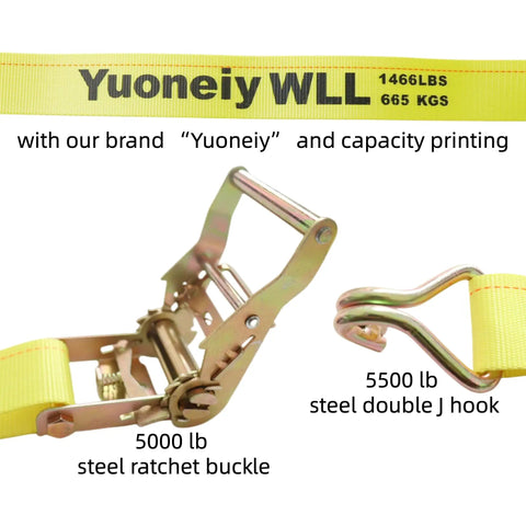 Heavy Duty Ratchet Tie Down Straps 2 Inch X 15 Feet With Reinforced Steel J Hooks 4 Pack showing yellow strap, steel ratchet buckle, and J hook.