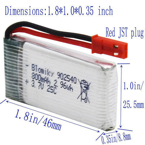 Close-up of 3.7V 800mAh LiPo battery with red JST plug, dimensions shown, part of Five Pack 3.7V 800mAh 25C Rechargeable LiPo Batteries