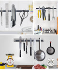 Collage of neodymium bar magnets on metal rails used to hang tools and utensils on pegboard and kitchen setup
