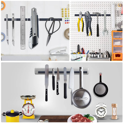 Collage of neodymium bar magnets on metal rails used to hang tools and utensils on pegboard and kitchen setup