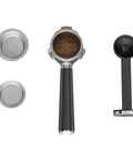 Semi Automatic Espresso Coffee Maker With Built In Steam Wand And High Pressure Pump For Rich Creamy Shots, accessories including portafilter, tamp, and lids.