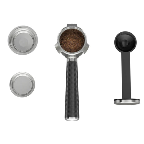 Semi Automatic Espresso Coffee Maker With Built In Steam Wand And High Pressure Pump For Rich Creamy Shots, accessories including portafilter, tamp, and lids.