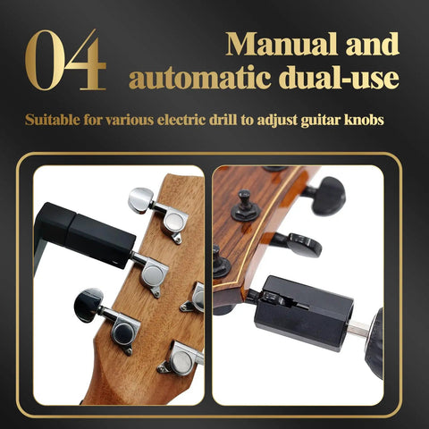 Manual and automatic dual-use guitar knob adjuster tool for musicians, showcasing detachable design and compatibility with electric drills.