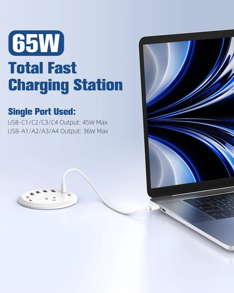 3 Inch Recessed Desk Power Grommet With USB C 65W Fast Charging And Ultra Flat Plug Strip connected to a laptop.