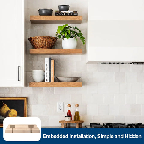 Kitchen with wood shelves using 12 Pack 6 Inch Black Solid Steel Floating Shelf Brackets Hidden Concealed Shelf Supports mounted on tile wall.