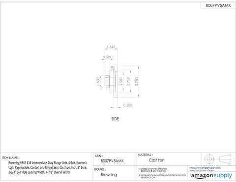 Drop Dead Reliable 2 Inch Flange Mount Ball Bearing Unit With Heavy Cast Iron Housing dimensions and side view.