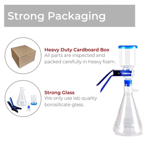 Vacuum Filtration Kit For Fast Lab Separation With 1000 mL Filter Flask 300 mL Glass Buchner Funnel Vacuum Adapter Rubber Stopper And Aluminum Clamp Heavy Duty Borosilicate Glass packaging.