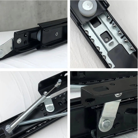 Close-up of adjustable countertop extension slide rail system components, featuring cold rolled steel and hidden lift design. Kick Clutter To The Curb With Adjustable Countertop Extension Slide Rail System Hidden Lift Platform Push Pull Table Add On Heavy Duty Drawer Organizer Setup.