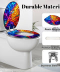 Elongated Colorful Stained Glass Effect Abstract Leaf Radiant Toilet Seat with stainless steel hinge and protective bumpers.