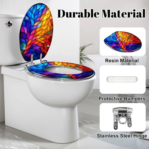 Elongated Colorful Stained Glass Effect Abstract Leaf Radiant Toilet Seat with stainless steel hinge and protective bumpers.