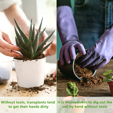 Two images showing gardening without Six Piece Iron Garden Tool Set With Hand Shovels Transplant Shovel And Hand Rake
